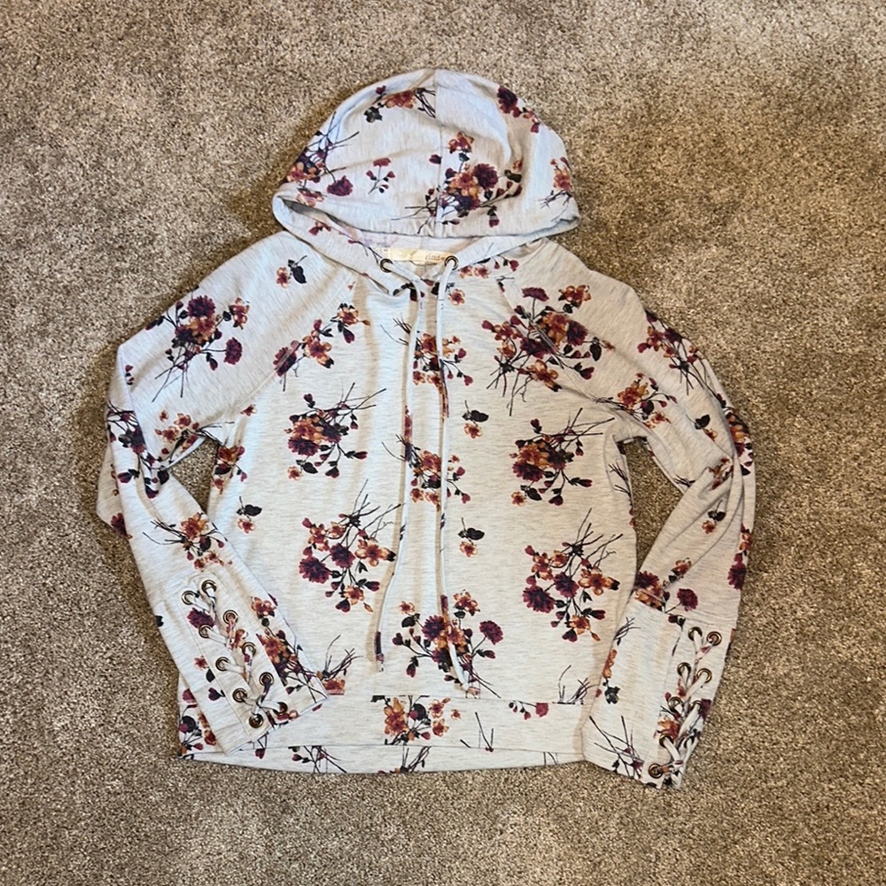 Rewind Gray Floral Hooded Sweatshirt Relaxed